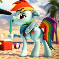 Size: 2160x2160 | Tagged: safe, artist:psfmer, rainbow dash, pegasus, pony, g4, 3d, beach, beach ball, butt, cloud, cooler, dock, featureless crotch, female, food, high res, ice cream, licking, looking at you, mare, palm tree, plot, popsicle, rainbutt dash, sand, sea salt ice cream, solo, source filmmaker, suggestive eating, tongue out, tree, umbrella