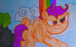 Size: 1280x787 | Tagged: safe, artist:dex stewart, scootaloo, pegasus, pony, g4, butt, flapping wings, plot, rainbow, scootabutt, solo, traditional art
