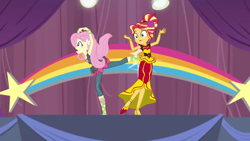 Size: 1920x1081 | Tagged: safe, screencap, fluttershy, sunset shimmer, equestria girls, equestria girls specials, g4, my little pony equestria girls: dance magic, clothes, flamenco dress, street ballet tutu, sunset shimmer flamenco dress, tutu