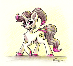 Size: 2523x2275 | Tagged: safe, artist:dandy, oc, oc only, oc:hazel radiate, pony, unicorn, bow, chest fluff, colored hooves, colored pencil drawing, ear fluff, eyebrows, eyelashes, female, high res, highlights, horn, looking at you, mare, ponytail, signature, solo, sword, tail bow, traditional art, unicorn oc, unshorn fetlocks, weapon