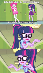Size: 3414x5764 | Tagged: safe, screencap, pinkie pie, sci-twi, twilight sparkle, equestria girls, equestria girls series, g4, stressed in show, stressed in show: pinkie pie, book, bowtie, caption, clothes, female, geode of sugar bombs, geode of telekinesis, glasses, image macro, implied penis, jewelry, lockers, magical geodes, necklace, open mouth, ponytail, tank top, text