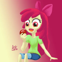 Size: 1750x1750 | Tagged: safe, artist:kelseyleah, apple bloom, equestria girls, g4, apple, food, solo