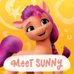 Size: 2000x2000 | Tagged: safe, sunny starscout, earth pony, pony, g5, official, abstract background, amazon.com, female, high res, mare, solo, text