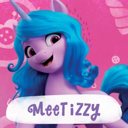 Size: 2000x2000 | Tagged: safe, izzy moonbow, pony, unicorn, g5, official, abstract background, amazon.com, female, high res, mare, solo, text