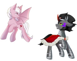 Size: 1280x1024 | Tagged: artist needed, safe, king sombra, oc, oc:coloured glaze rose, bat pony, pony, unicorn, g4, bat wings, canon x oc, clothes, duo, duo male, flying, looking at each other, looking back, male, sombrose, stallion, wings