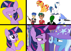 Size: 1784x1284 | Tagged: safe, artist:luckreza8, edit, screencap, flash sentry, shining armor, sunset shimmer, timber spruce, trixie, twilight sparkle, oc, oc:anon, alicorn, bird, blue jay, human, unicorn, equestria girls, father knows beast, g4, no second prances, school daze, cape, clothes, covering eyes, duo, duo female, eyes closed, female, hat, hotline bling, implied flashlight, implied incest, implied infidelity, implied lesbian, implied mordetwi, implied shiningsparkle, implied shipping, implied straight, implied sunsetsparkle, implied timbertwi, lesbian, male, meme, mordecai, open mouth, raised hoof, regular show, ship:twixie, shipping, simple background, smiling, smirk, trixie's cape, trixie's hat, twilight sparkle (alicorn), twilight's castle, white background, yellow background