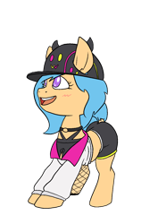 Size: 1000x1414 | Tagged: safe, artist:happy harvey, oc, oc:little league, earth pony, pony, blushing, choker, clothes, collar, colored pupils, drawthread, female, filly, fishnet stockings, hat, jacket, phone drawing, shorts, simple background, transparent background