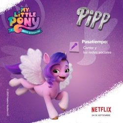 Size: 960x960 | Tagged: safe, pipp petals, pegasus, pony, g5, my little pony: a new generation, official, female, mare, microphone, my little pony: a new generation logo, netflix, netflix logo, solo, spanish, text