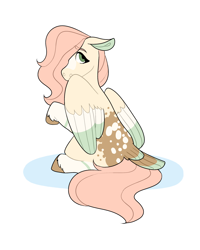 Size: 2000x2500 | Tagged: safe, artist:flowercatbutters, fluttershy, pegasus, pony, g4, alternate design, blaze (coat marking), coat markings, colored ears, colored hooves, colored wings, colored wingtips, covering, dappled, facial markings, female, floppy ears, hair over one eye, high res, looking at you, looking back, looking back at you, mare, missing cutie mark, multicolored wings, raised hoof, rear view, simple background, sitting, socks (coat markings), solo, spread wings, tail feathers, three quarter view, turned head, unshorn fetlocks, white background, wing covering, wings