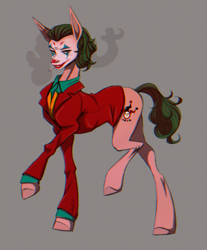 Size: 2037x2465 | Tagged: safe, artist:1an1, earth pony, pony, chromatic aberration, cigarette, clothes, crossover, gray background, high res, joker (2019), looking at you, makeup, male, ponified, simple background, smoking, solo, stallion, suit, the joker