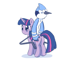 Size: 1748x1488 | Tagged: safe, artist:acynosure, twilight sparkle, bird, blue jay, pony, unicorn, g4, blushing, butt, butt touch, crossover, crossover shipping, female, male, mordecai, mordetwi, plot, regular show, riding a pony, shipping, straight, twibutt, unicorn twilight