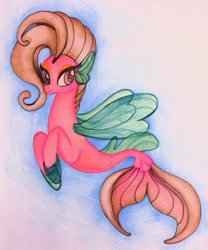 Size: 960x1154 | Tagged: safe, artist:kumisasoriza, oc, oc only, pegasus, pony, seapony (g4), brown mane, colored pupils, deviantart watermark, dorsal fin, eyelashes, female, fin wings, fins, fish tail, flowing mane, flowing tail, obtrusive watermark, ocean, seaponified, smiling, solo, species swap, swimming, tail, underwater, water, watermark, wings