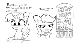 Size: 4029x2250 | Tagged: safe, artist:tjpones, rainbow dash, twilight sparkle, alicorn, pegasus, pony, g4, black and white, duo, energy drink, female, grayscale, mare, money, monochrome, soda can, taxes, to the extreme, twilight sparkle (alicorn)