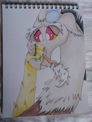 Size: 780x1040 | Tagged: safe, artist:diamond06mlp, discord, butterfly, draconequus, g4, bust, chest fluff, fluffy, hand on face, male, notepad, signature, solo, tongue out, traditional art