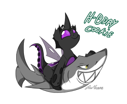 Size: 1016x838 | Tagged: safe, artist:srmario, oc, oc only, changeling, shark, changeling oc, duo, male, purple changeling, riding, sharp teeth, signature, simple background, smiling, teeth, transparent background