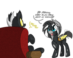 Size: 1233x988 | Tagged: safe, artist:srmario, oc, oc:doctiry, oc:platan, alicorn, changeling, pony, alicorn oc, changeling oc, clothes, costume, couch, dialogue, female, horn, male, mare, platiry, raised hoof, simple background, white background, wings, yellow changeling