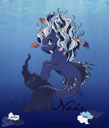Size: 707x828 | Tagged: safe, artist:ohmycasablanca, oc, oc only, fish, merpony, sea pony, seapony (g4), blue eyes, crepuscular rays, dorsal fin, fins, flowing mane, ocean, open mouth, signature, solo, sunlight, swimming, tail, underwater, water