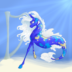 Size: 700x694 | Tagged: safe, artist:magpeyes, oc, oc only, oc:vienna, merpony, sea pony, seapony (g4), blind, crepuscular rays, dorsal fin, female, fins, fish tail, flowing mane, flowing tail, harp, musical instrument, ocean, smiling, solo, sunlight, swimming, tail, underwater, water, white mane