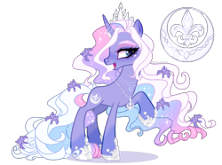 Size: 1700x1262 | Tagged: safe, artist:gihhbloonde, oc, oc only, pony, unicorn, curved horn, cyan eyes, eyeshadow, female, flower, flower in hair, gradient ears, gradient legs, gradient mane, gradient tail, hoof shoes, horn, horn jewelry, jewelry, lightly watermarked, magical lesbian spawn, makeup, mare, necklace, offspring, open mouth, parent:fleur-de-lis, parent:princess luna, parents:fleur de lune, princess shoes, raised hoof, simple background, smiling, solo, sparkly mane, sparkly tail, tail, tiara, transparent background, turned head, watermark