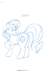 Size: 1250x2000 | Tagged: safe, artist:runningtoaster, sunset shimmer, pony, unicorn, g4, butt, character to character, female, frown, implied transformation, lineart, looking back, mare, plot, post-transformation, raised hoof, solo, talking, underhoof