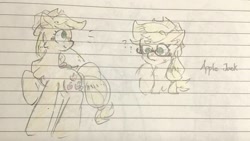 Size: 1330x750 | Tagged: safe, artist:metaruscarlet, applejack, earth pony, pony, g4, applejack's hat, blushing, chest fluff, cowboy hat, female, glasses, hat, lined paper, mare, question mark, raised hoof, sketch, solo, sweat, sweatdrop, traditional art