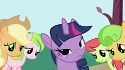 Size: 1920x1080 | Tagged: safe, screencap, applejack, peachy sweet, perfect pie, red gala, twilight sparkle, earth pony, pony, unicorn, friendship is magic, g4, season 1, apple family member, day, looking down, outdoors, unicorn twilight