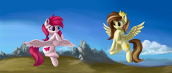 Size: 6000x2571 | Tagged: safe, artist:flusanix, oc, oc only, oc:manta, oc:prince whateverer, pegasus, pony, cloud, couple, crown, cute, duo, flying, jewelry, looking at each other, mountain, regalia, scenery, wings