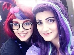 Size: 359x268 | Tagged: safe, artist:maddymoiselle, artist:sarahndipity cosplay, moondancer, starlight glimmer, human, g4, clothes, cosplay, costume, cropped, glasses, irl, irl human, photo