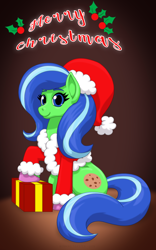 Size: 1250x2000 | Tagged: safe, artist:runningtoaster, oc, oc only, oc:chafine, earth pony, pony, blushing, christmas, colored hooves, earth pony oc, female, gradient background, holiday, mare, present, smiling