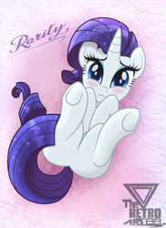 Size: 1200x1650 | Tagged: safe, artist:theretroart88, rarity, pony, unicorn, g4, :3, blue eyes, blushing, cute, eyelashes, featureless crotch, female, horn, legs in air, looking at you, lying down, mare, on back, raribetes, solo, stupid sexy rarity, sweet dreams fuel, underhoof