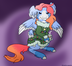 Size: 1950x1800 | Tagged: safe, artist:misskanabelle, oc, oc only, pegasus, pony, abstract background, clothes, ear fluff, hoof fluff, mug, pegasus oc, smiling, sweater, two toned wings, wings