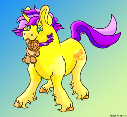 Size: 1950x1800 | Tagged: safe, artist:misskanabelle, oc, oc only, big cat, lion, pony, unicorn, abstract background, beard, facial hair, horn, male, mouth hold, plushie, smiling, solo, stallion, unicorn oc, unshorn fetlocks