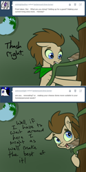 Size: 650x1302 | Tagged: safe, artist:toadstool-prancer, doctor whooves, time turner, oc, oc:tantamount, changeling, earth pony, pony, tantamount time turner, g4, blue eyes, changeling oc, disguise, disguised changeling, earth pony oc, eyes open, green sclera, male, male oc, mouth hold, pony oc, solo, stallion, vine