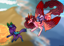 Size: 2100x1500 | Tagged: safe, artist:misskanabelle, oc, oc only, changedling, changeling, pony, changedling oc, changeling oc, flying, outdoors, ponies riding ponies, riding, volcano
