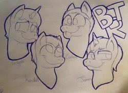 Size: 960x694 | Tagged: safe, artist:milledpurple, earth pony, pony, unicorn, :p, big time rush, carlos pena, horn, james maslow, kendall schmidt, lineart, logan henderson, male, ponified, smiling, stallion, tongue out, traditional art