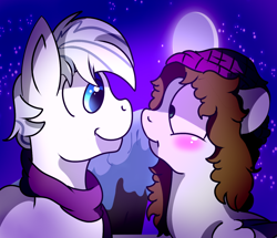 Size: 1300x1120 | Tagged: safe, alternate version, artist:milledpurple, double diamond, oc, earth pony, pony, g4, beanie, blushing, canon x oc, clothes, earth pony oc, female, full moon, hat, male, mare, moon, night, scarf, stallion, stars