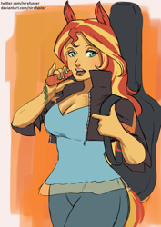 Size: 1240x1754 | Tagged: safe, artist:nire, sunset shimmer, equestria girls, g4, breasts, busty sunset shimmer, carrot, cleavage, clothes, ears, eating, food, guitar, guitar case, herbivore, jacket, leather jacket, looking at you, musical instrument, nail polish, open mouth, pony ears, tail, uma musume pretty derby