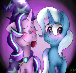 Size: 1020x981 | Tagged: safe, artist:milledpurple, starlight glimmer, trixie, pony, unicorn, g4, :p, abstract background, accessory swap, blushing, eyes closed, female, horn, lesbian, ship:startrix, shipping, signature, tongue out