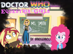 Size: 1280x960 | Tagged: safe, artist:edcom02, artist:jmkplover, artist:vanossfan10, doctor whooves, pinkie pie, sunset shimmer, time turner, equestria girls, g4, banana, book, chalkboard, classroom, clipboard, clothes, doctor who, easter egg (media), fez, food, glasses, hat, jacket, jodie whittaker, leather, leather jacket, pants, shadow, shirt, susan foreman, t-shirt, tardis, teacher, the doctor, thirteenth doctor, title card, trenchcoat