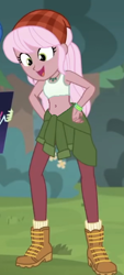 Size: 230x507 | Tagged: safe, edit, edited screencap, screencap, raspberry lilac, equestria girls, g4, belly button, boots, clothes, cropped, female, hiking boots, looking down, midriff, offscreen character, shirt, shoes, sleeveless, sleeveless shirt, solo focus, sports bra, tank top