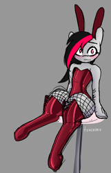 Size: 4167x6480 | Tagged: safe, artist:tenenbris, oc, oc:miss eri, semi-anthro, black and red mane, bunny ears, bunny suit, clothes, eyeshadow, female, fishnet stockings, latex, makeup, mare, stockings, thigh highs, two toned mane