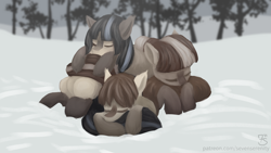 Size: 3840x2160 | Tagged: safe, artist:sevenserenity, oc, oc only, oc:cold shoulder, oc:frosty flakes, oc:winter wonder, pony, yakutian horse, cuddle puddle, cuddling, cute, female, fluffy, high res, mare, painted, pony pile, sleeping, snow, snow mare, tree, trio, unshorn fetlocks