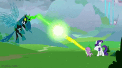 Size: 360x202 | Tagged: safe, screencap, queen chrysalis, rarity, spike, changeling, changeling queen, dragon, pony, unicorn, g4, season 9, the ending of the end, animated, beam struggle, female, fire, fire breath, gif, magic, male, mare, trio, ultimate chrysalis, winged spike, wings