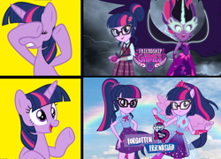 Size: 1784x1284 | Tagged: safe, sci-twi, twilight sparkle, alicorn, pony, equestria girls, equestria girls series, father knows beast, forgotten friendship, g4, my little pony equestria girls: friendship games, school daze, clothes, covering eyes, eyes closed, glasses, hotline bling, lightning, meme, midnight sparkle, open mouth, ponied up, raised hoof, twilight sparkle (alicorn)