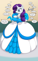 Size: 1250x2000 | Tagged: safe, artist:runningtoaster, rarity, unicorn, anthro, g4, big breasts, breasts, brooch, busty rarity, clothes, dialogue, dress, female, gloves, gown, huge breasts, human to anthro, impossibly large dress, jewelry, long gloves, mare, offscreen character, open mouth, poofy shoulders, post-transformation, solo, speech bubble, surprised