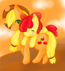 Size: 541x599 | Tagged: safe, artist:サツシキ, apple bloom, applejack, earth pony, pony, g4, apple bloom riding applejack, female, filly, mare, pixiv, ponies riding ponies, riding, siblings, sleeping