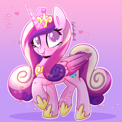 Size: 2000x2000 | Tagged: safe, artist:splashofsweet, princess cadance, alicorn, pony, g4, :p, colored pupils, colored wings, crown, cute, cutedance, female, folded wings, happy, heart, high res, hoof shoes, jewelry, mare, raised hoof, regalia, smiling, solo, tongue out, white outline, wings