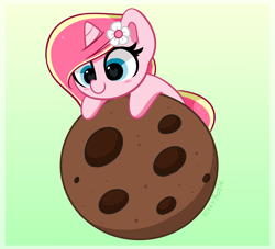 Size: 2632x2392 | Tagged: safe, artist:kittyrosie, oc, oc only, oc:rosa flame, pony, unicorn, blushing, cookie, cute, food, giant food, heart, heart eyes, high res, horn, ocbetes, smiling, solo, unicorn oc, wingding eyes