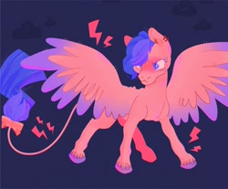 Size: 2048x1694 | Tagged: safe, artist:pastacrylic, firefly, pony, g1, angry, blue background, bow, colored hooves, colored wings, ear piercing, earring, jewelry, piercing, simple background, solo, tail bow, unshorn fetlocks, wings