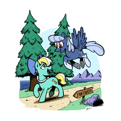 Size: 2000x2000 | Tagged: safe, artist:mellodillo, oc, oc only, oc:carnival candy, oc:cold snap, earth pony, pegasus, pony, bow, flying, hair bow, high res, mountain, path, rock, sign, tree, water